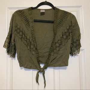 Olive Tie Front Short Sleeve CroppeD Top
